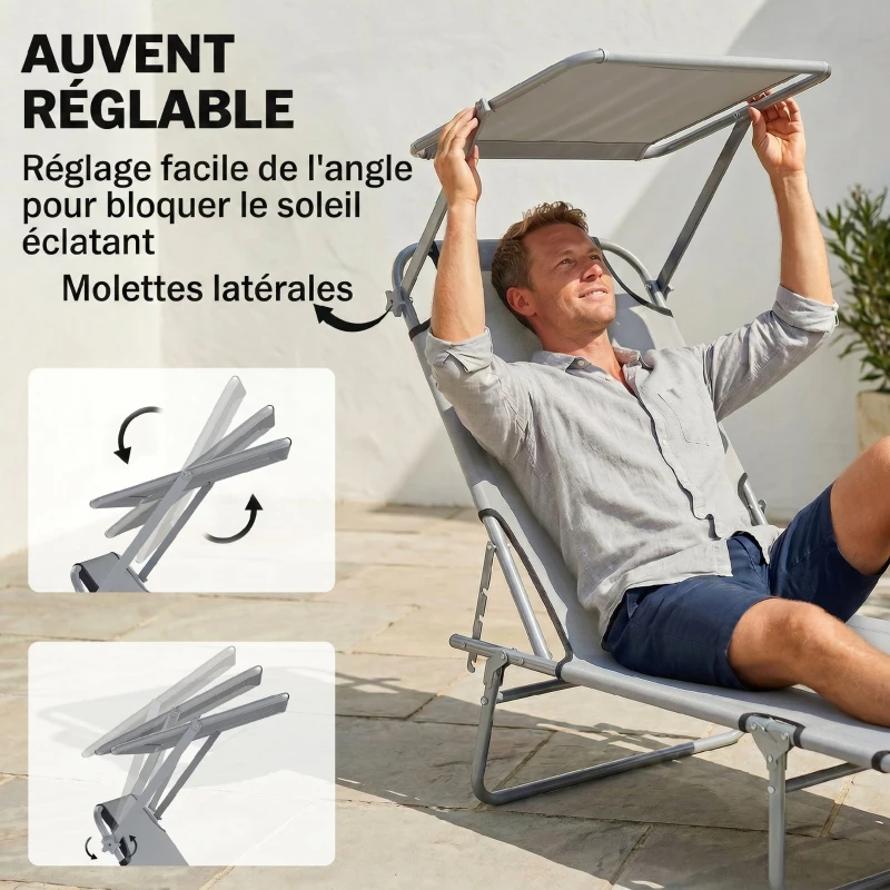 Outsunny Transat bain de soleil pliable chaise longue pliante dossier inclinable multi-positions 187 x 58 x 36 cm gris clair