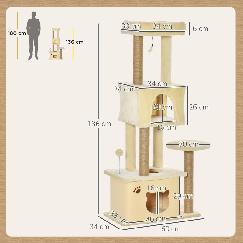PawHut Árbol Rascador para Gatos Grande 60x34x136 cm Árbol para Gatos con Plataformas Cuevas de Felpa Postes de Yute Beige