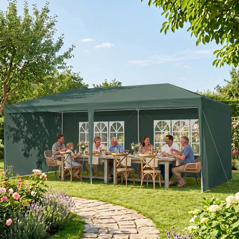 Outsunny 6x3 m Party Tent Gazebo Marquee Outdoor Patio Canopy Shelter with Windows and Side Panels, Green