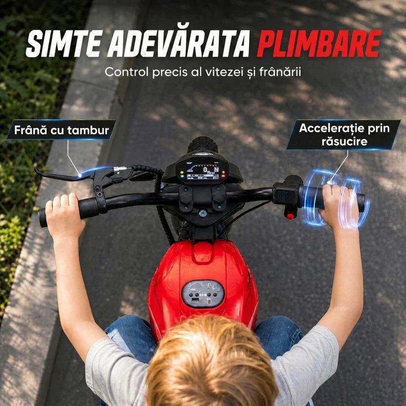 AIYAPLAY Motocicletă electrică de cross pentru copii, stil Harley, 24V, 6-12 ani, anvelope din cauciuc 30 cm, roșie