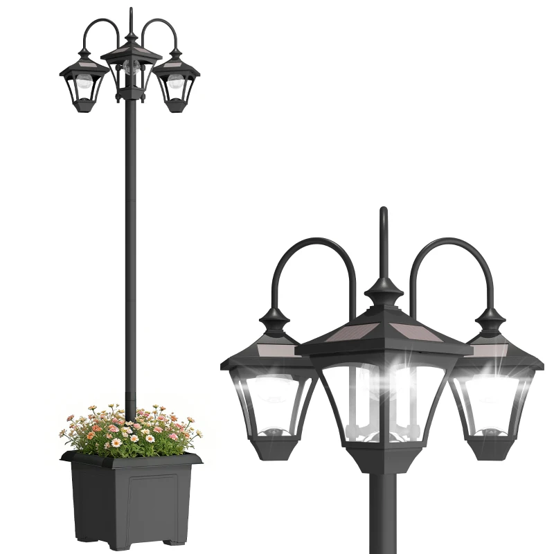 Outsunny Solar Lamp Post with Dusk-to-Dawn Sensor Street Light with 3-Head Planter 185 cm Black
