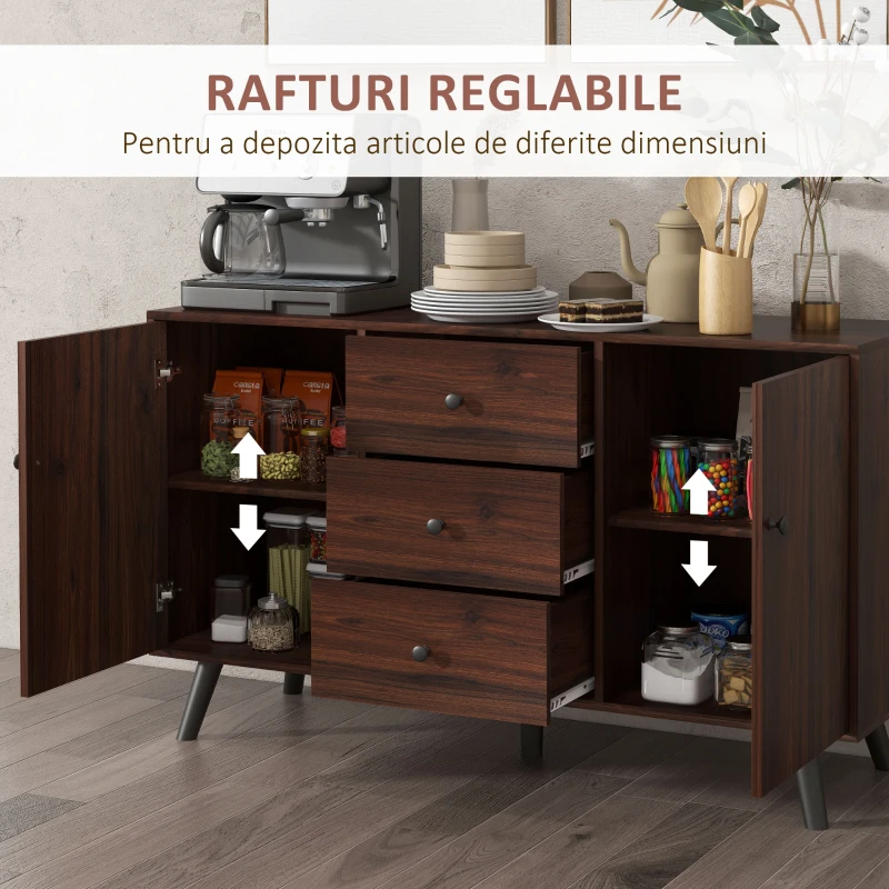 HOMCOM Bufet Modern din Lemn și PAL cu 2 Dulapuri și 3 Sertare, 127x40x76 cm, Maro și Negru