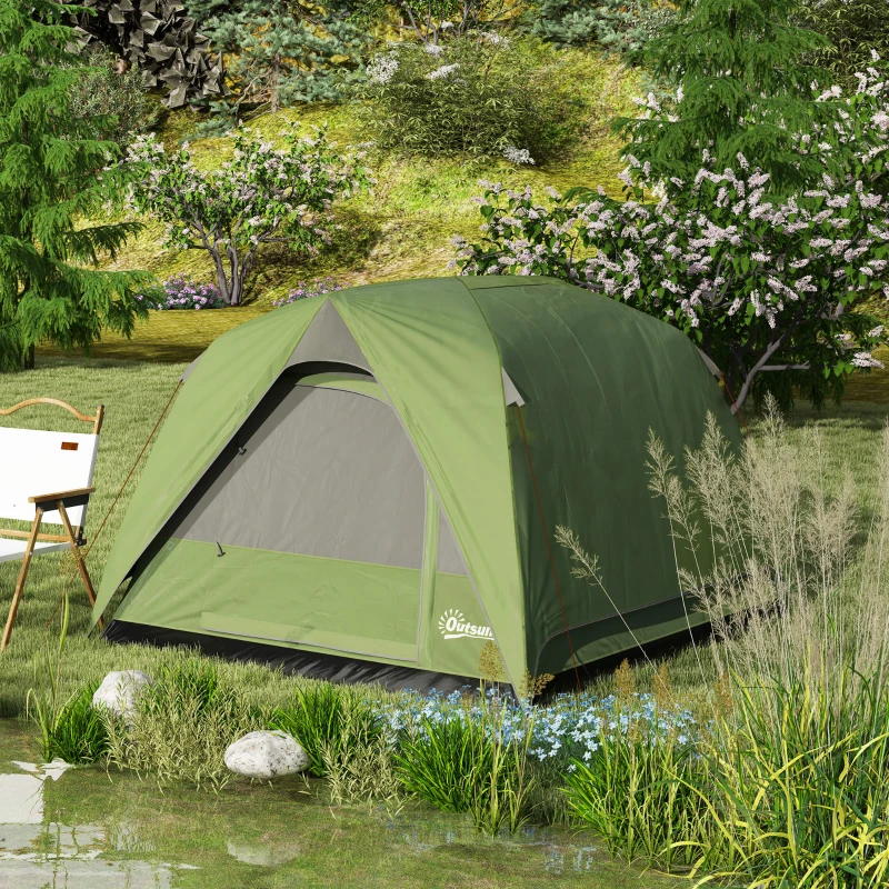 Outsunny Tente de camping 2-4 personnes, tente dôme familiale imperméable, avec fenêtres, poche, sac de transport vert olive