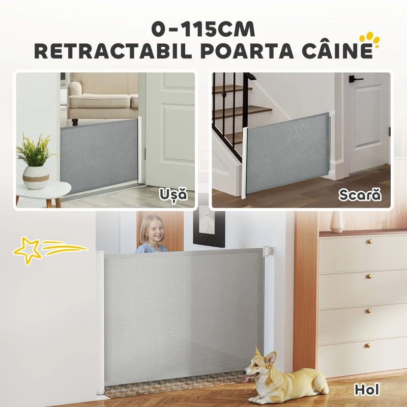 PawHut Cancellino per Cani Estensibile fino a 115 cm, in Poliestere e Acciaio, 115x82.5 cm, Bianco e Grigio