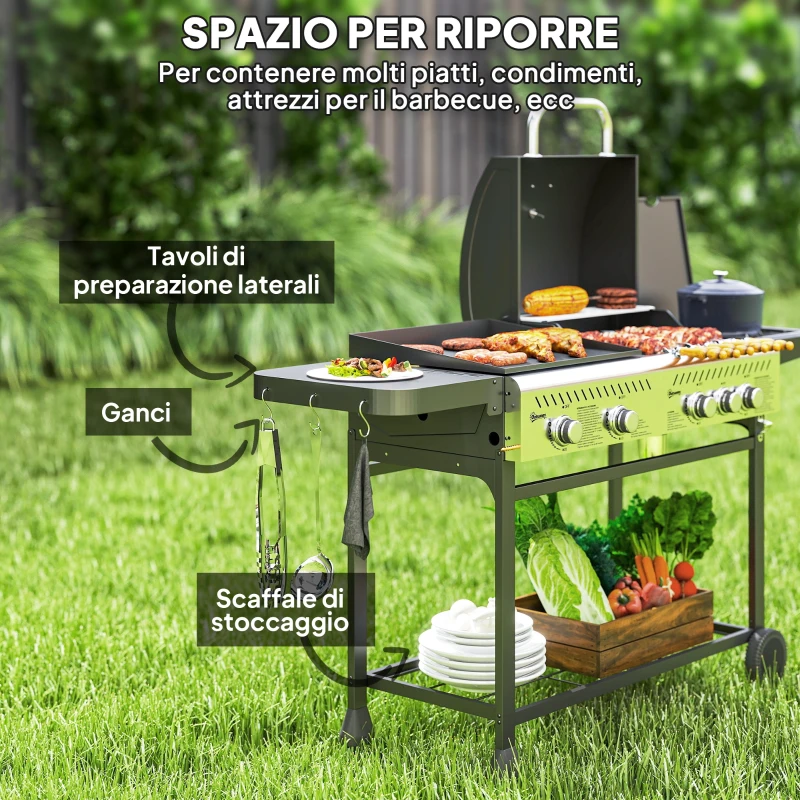 Outsunny Barbecue a Gas con Piastra e Fornello, Coperchio con Termometro e Ripiani, Regolatore e Tubo Inclusi, Nero