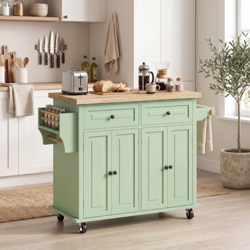 HOMCOM Rolling Kitchen Island Storage Trolley with Rubber Wood Top & Drawers for Dining Room, Light Green