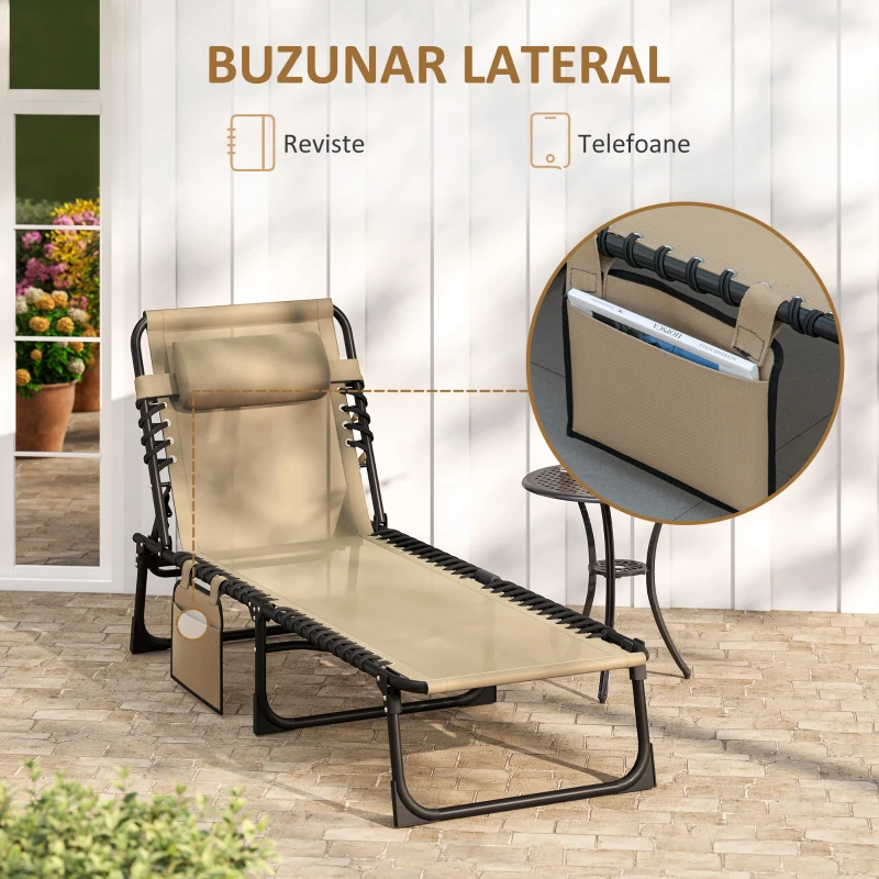 Outsunny Șezlong de Grădină Pliabil cu Spătar Reglabil pe 5 Niveluri, Bej