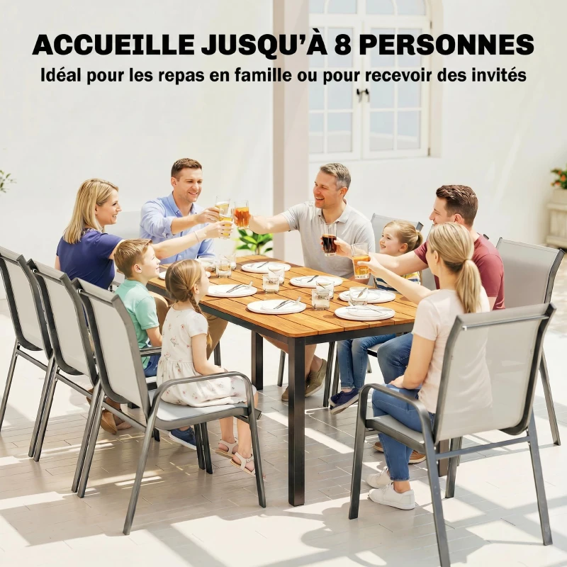 Outsunny Table de jardin pour 6 à 8 personnes, table à manger extérieure plateau à lattes en bois massif, 180x86x74cm, teck