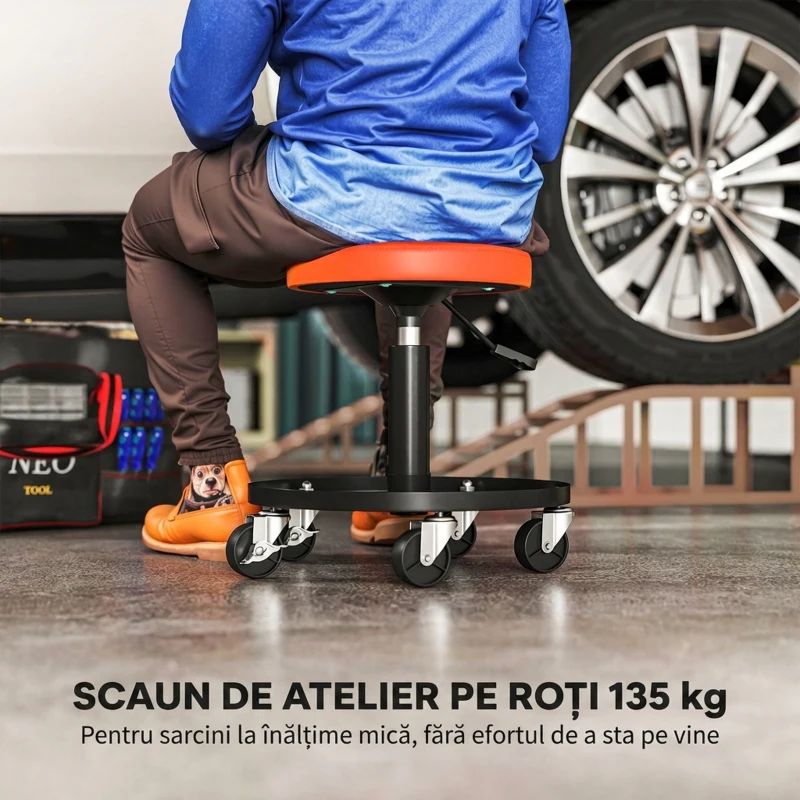 HOMCOM Scaun de atelier cu roți, scaun de mecanic, reglabil 38-50 cm, tavă pentru unelte, 135 kg, portocaliu