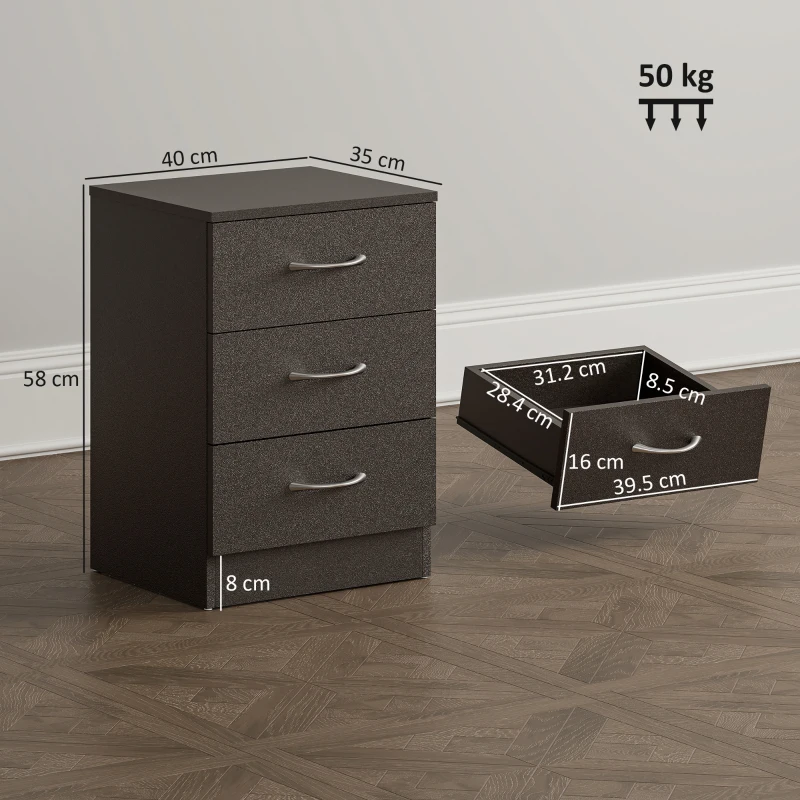 HOMCOM Three-Drawer Simple Bedside Table - Black