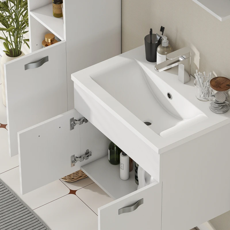 kleankin Conjunto de Muebles de Baño de Pared 4 Piezas Incluye Espejo Armario con Lavabo Cerámico y Columna de Baño Blanco