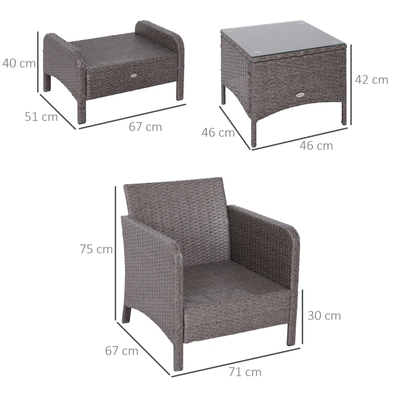 Outsunny Set Mobili da Giardino 2 Poltrone 2 Poggiapiedi 1 Tavolino in Vetro Temperato Rattan Grigio