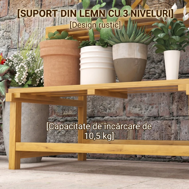 Outsunny Suport pentru Plante, Raft pentru Flori, 2 Etaje, cu Spalier și Acoperiș, Lemn de Brad, 75x50x166 cm, Galben