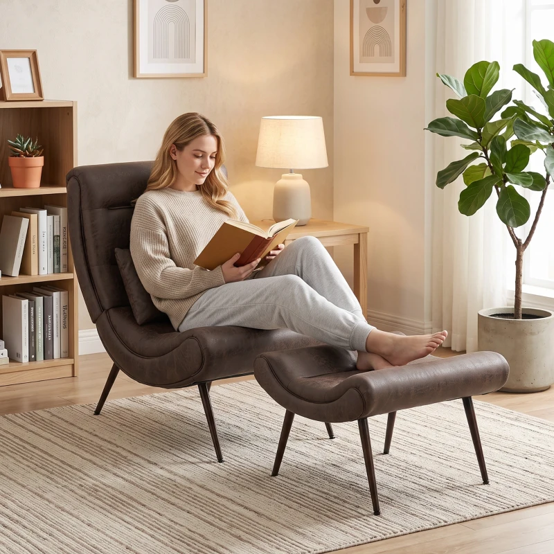 HOMCOM Modern Accent Chair with Footstool, Upholstered Lounge Chair with 64cm Wide Seat, Lumbar Pillow, Trapezoidal Backrest
