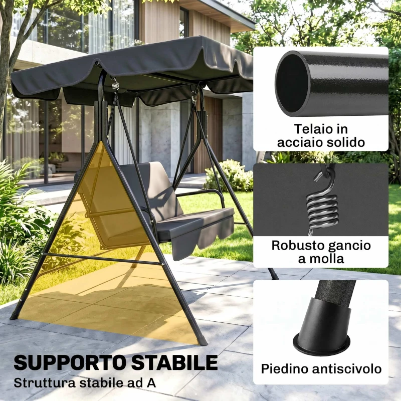 Outsunny Dondolo da Giardino 3 Posti con Tetto Parasole Regolabile e Struttura in Acciaio, 172x110x153cm, Nero