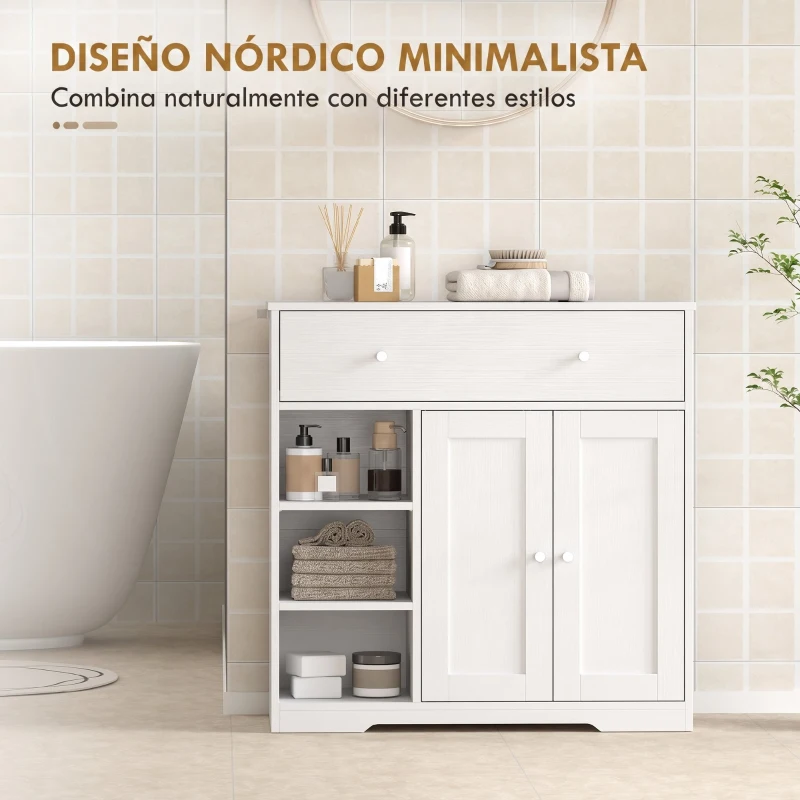 HOMCOM Armario de Baño Estrecho con Cajón 2 Puertas y 3 Estantes Abiertos 80x30x80,2 cm para Cocina Salón Blanco Veteado