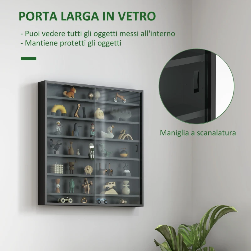 HOMCOM Bacheca Portaoggetti a 6 Ripiani Regolabili in Legno con Ante in Vetro, 80x9.5x83 cm, Nero