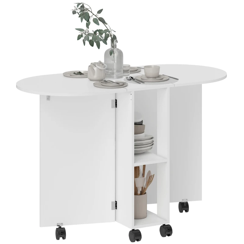 HOMCOM Table à manger pliante sur roulettes, table de cuisine pour 4 personnes, 2 abattants et 2 étagères, 120x60x77cm, blanc
