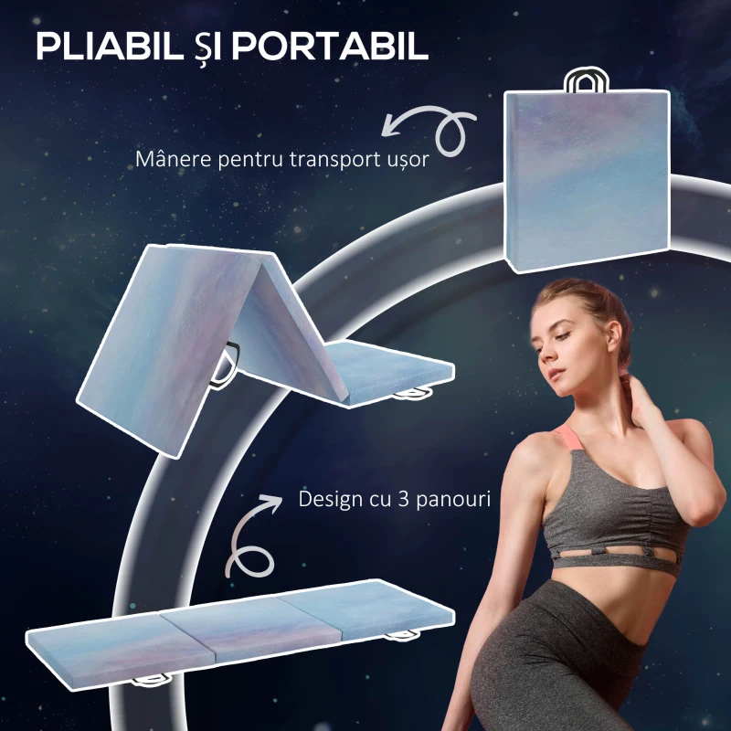 HOMCOM Saltea de Gimnastică 180 cm pliabilă, Crash Mat Groasă 5 cm cu Mânere pentru Antrenament Acasă, Albastru Deschis