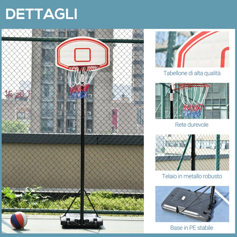 HOMCOM Canestro Basket da Interno ed Esterno Portatile con Altezza Regolabile 5 Livelli 175-215cm, Canestro da Basket con Ruote, Struttura Metallo e Base Riempibile, Tabellone PE