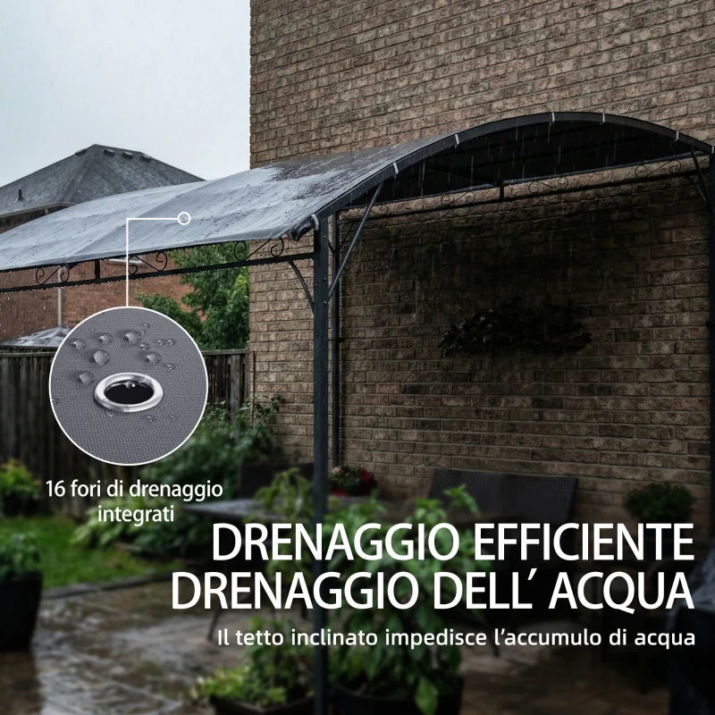 Outsunny Gazebo Pergola con 16 Fori di Drenaggio, in Metallo e Poliestere, 3.8x2.8 m, Grigio