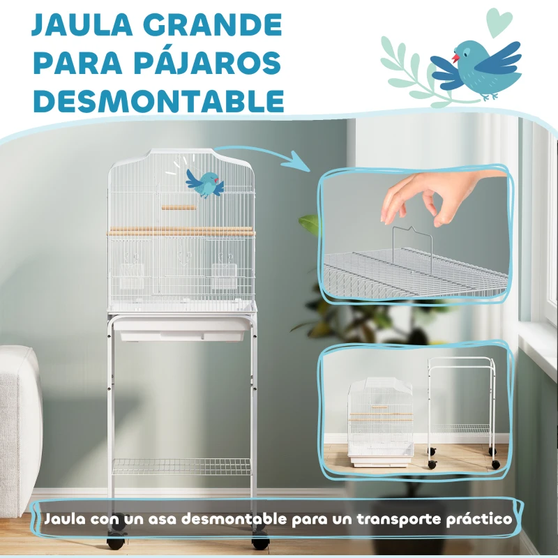 PawHut Jaula para Pájaros con Ruedas Estante Puertas 2 Comederos 2 Perchas Columpio Bandeja Extraíble 46,5x36x124 cm Blanco