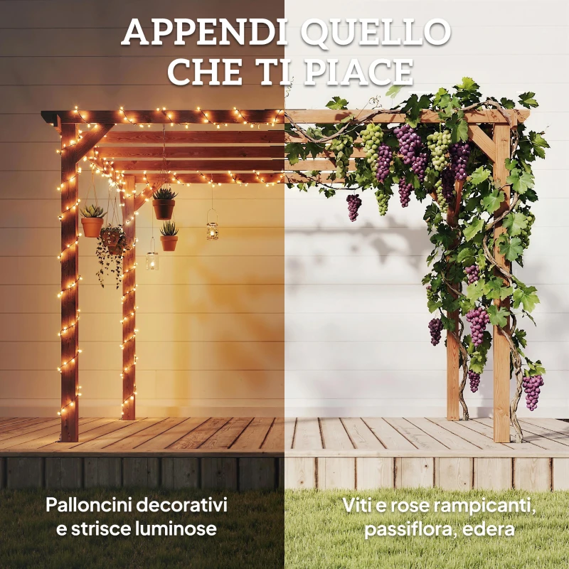 Outsunny Pergola da Giardino 3x3 m in Legno di Abete con Supporti Triangolari e 5 Travi, Colore Legno