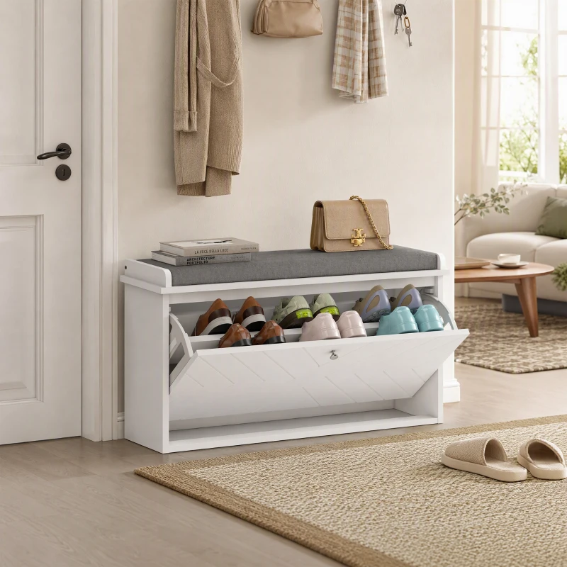 HOMCOM Banco Sapateira Moderno de Madeira com Prateleiras Ajustáveis e Almofada Acolchoada para 8 Pares de Sapatos 80x26x44,5 cm Branco