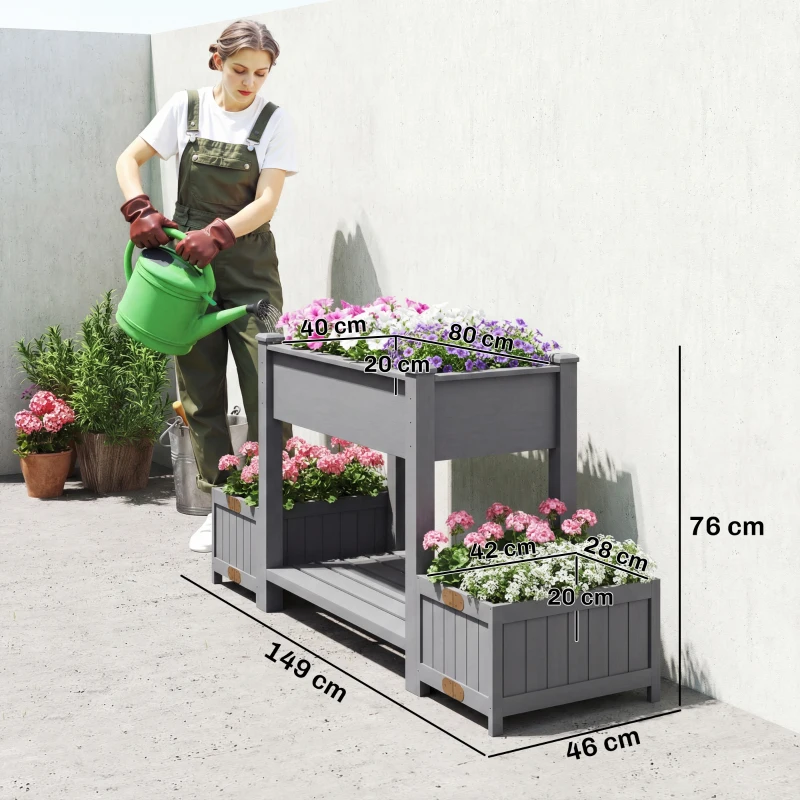 Outsunny Fioriera Rialzata con 2 Vasi Laterali e Ripiano per Attrezzi, in Legno di Abete, 149x46x76 cm, Grigio