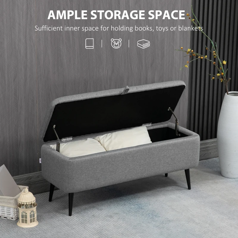 HOMCOM Storage Ottoman with Flip Top, Rectangular Upholstered Bench, Linen Look Fabric Footstool with Steel Legs for Living Room, Bedroom, Grey