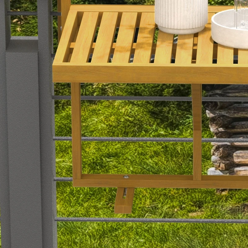 Outsunny Tavolino da Ringhiera per Balcone Pieghevole e Regolabile in Legno, Colore Legno