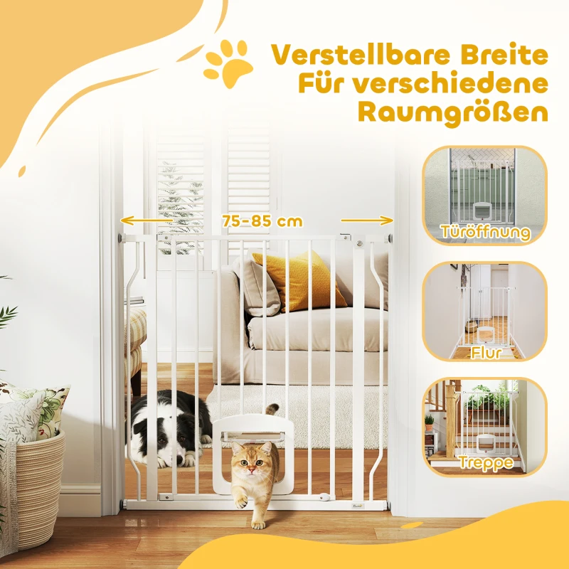 PawHut Traphekje Deurhek met kattenluik zonder boren 75-85 cm van staal voor honden, trap, deur, wit(m-4)