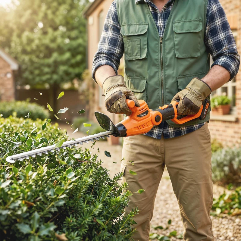 Outsunny Trimmer pentru Gard Viu pe Baterie 18V, Trimmer pentru Grădină cu 2 Baterii de 4Ah, Încărcător, Târnă Telescopică Reglabilă din Aluminiu, Lamă Cu Acțiune Dublă de 51cm pentru Ramuri, Portocaliu