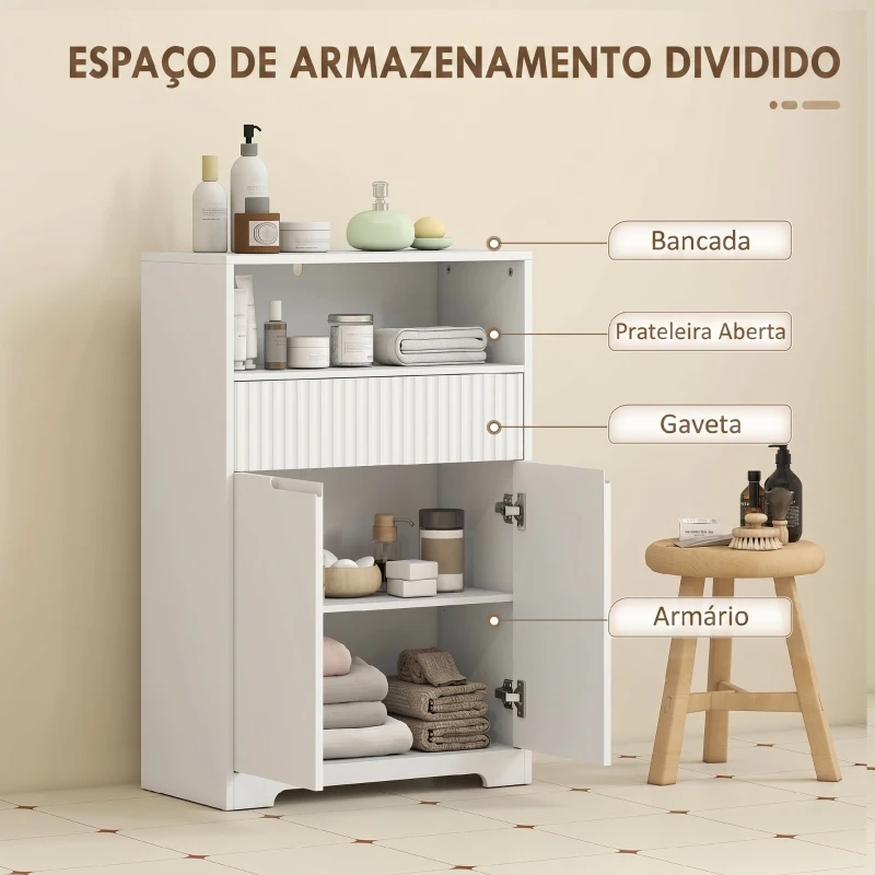 HOMCOM Armário Estreito para Casa de Banho com Gaveta Canelada, Prateleira Aberta e Prateleira Ajustável 60x30x91,5 cm Branco