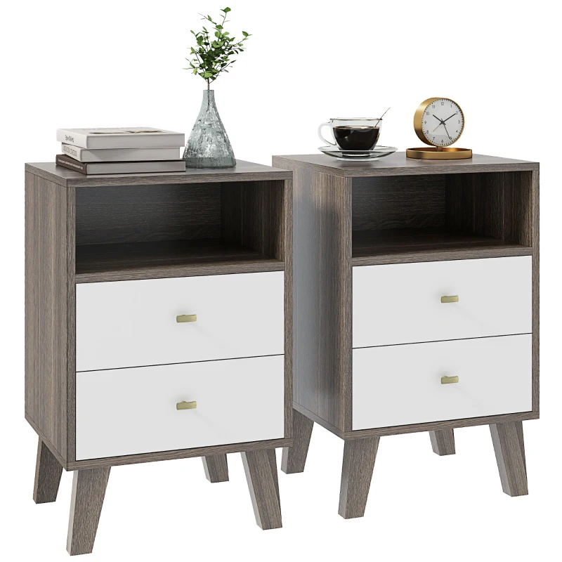HOMCOM Set de 2 noptiere moderne pentru dormitor cu 2 sertare și spațiu deschis, 40x34x64cm, gri