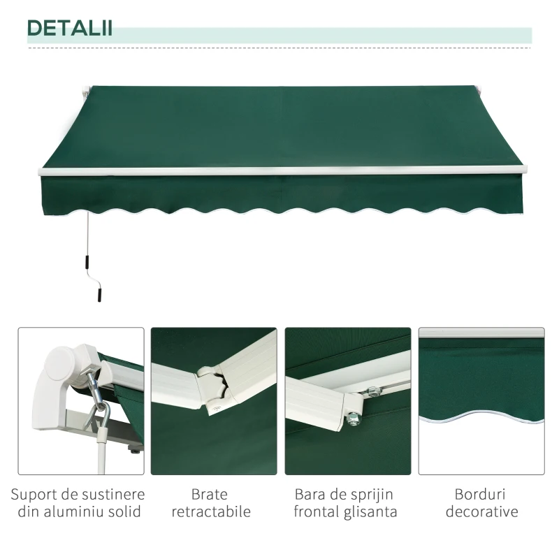 Outsunny Umbrelă de Soare cu Manivelă 3x2 m cu Unghi Reglabil, din Aluminiu, Oțel și Poliester Verde