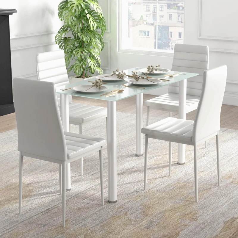 HOMCOM Ensemble de table à manger avec 4 chaises plateau en verre trempé, pieds en acier, pour cuisine salon blanc