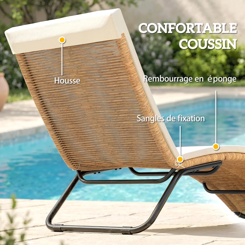 Outsunny Bain de soleil en résine tressée transat de jardin design en S courbe naturelle structure robuste acier coussin crème