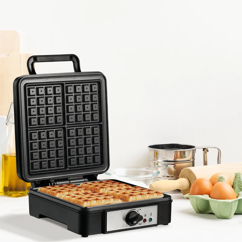 HOMCOM 4 Slice Waffle Maker Iron Machine with Deep Cooking Plate, Adjustable Temperature, Non-stick Coating and Cool Touch Handle, 1200W