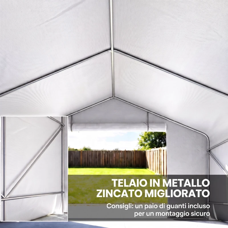 Outsunny Capanno da Giardino e Tenda Garage 3x3 m Impermeabile con Porta Avvolgibile, Metallo e PE, Bianco