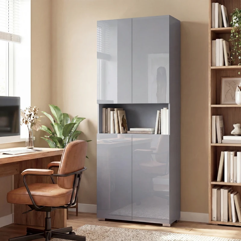HOMCOM 180 cm Tall Kitchen Cupboard, Pantry Storage Cabinet with Soft Close Doors and Adjustable Shelves, High Gloss Grey