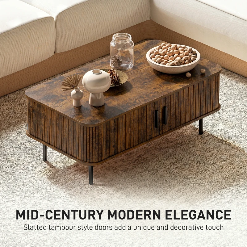 HOMCOM Coffee Table with Storage, Living Room Table with Slatted Tambour Sliding Doors and Adjustable Foot Pads, Rectangular Coffee Table with Elevated Base for Living Room, Rustic Brown
