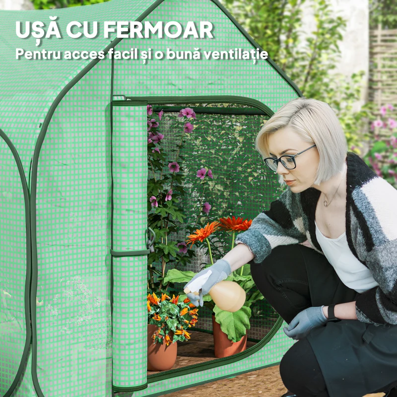 Outsunny Seră tip căsuță pliabilă cu intrare cu fermoar, din oțel și PE, 150x148x148 cm, verde