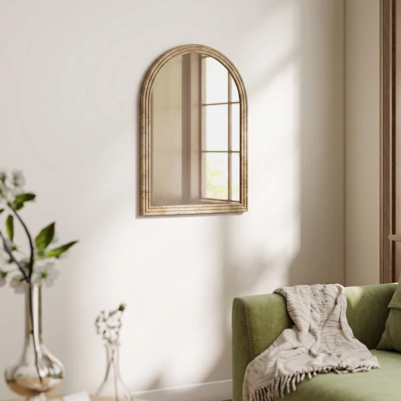 HOMCOM Modern Wall-Mounted Mirror, Arched Wall Mirror with Grooved Edge for Living Room, Entryway, Hallway, Brown
