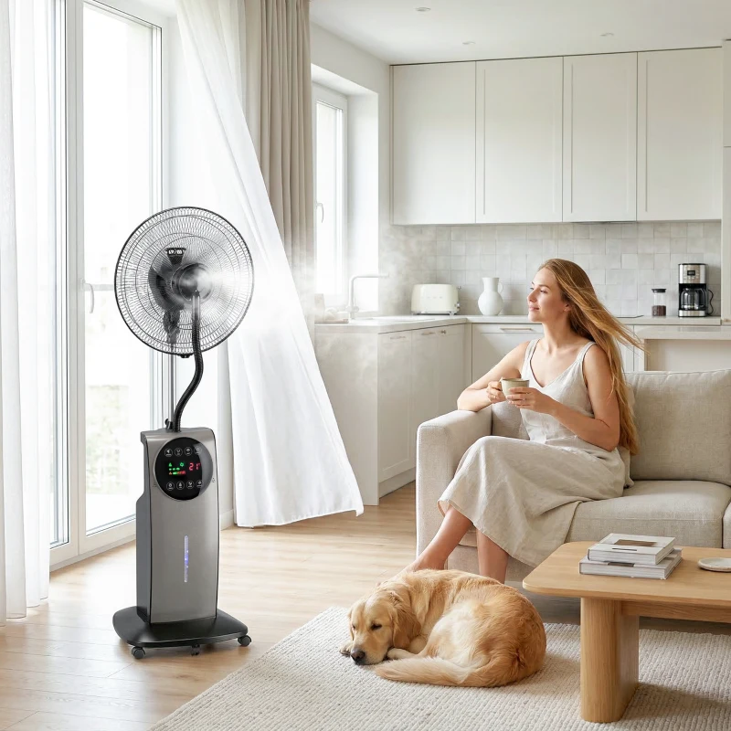 HOMCOM Ventilatore Nebulizzatore a Rotelle con 3 Modalità. 3 Velocità e Timer 12h, 50x39x138 cm, Nero