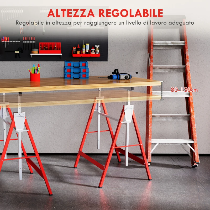 HOMCOM Set 2 Cavalletti da Lavoro Telescopici 80-130 cm Pieghevoli, in Acciaio Q195, 68x58x80 cm, Rosso e Argento