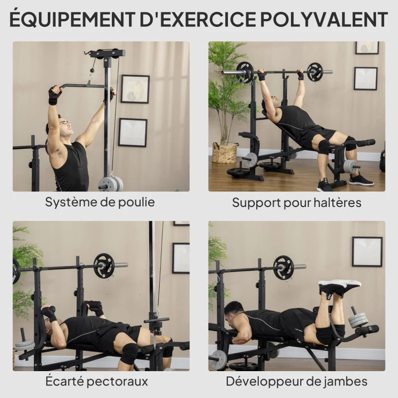 HOMCOM Banc de musculation complet multifonction avec dossier réglable, banc developper coucher à plat ou incliné 180x134x200cm