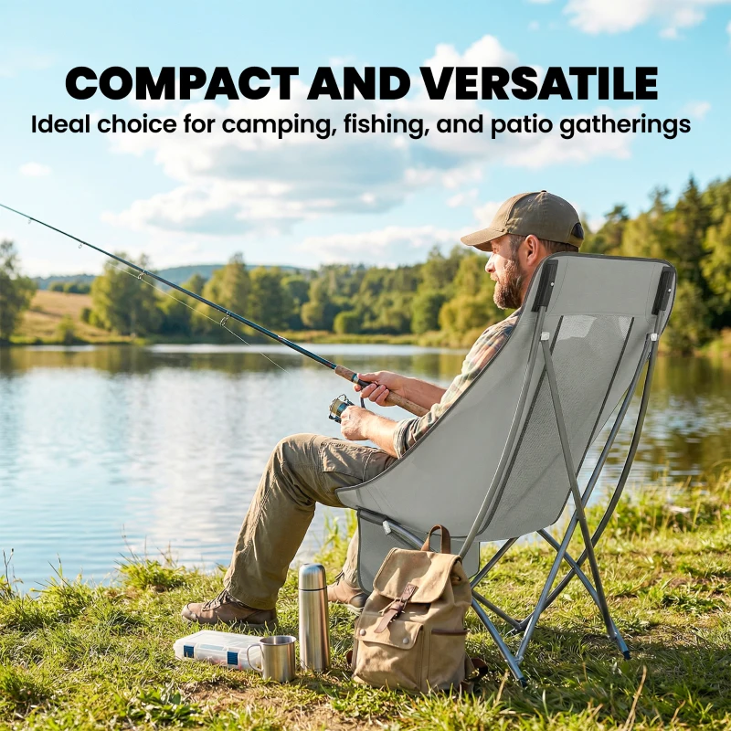 Outsunny Camping Chair for Adults Heavy Duty Folding Camp Chair with Side Pocket and Carry Bag Light Grey