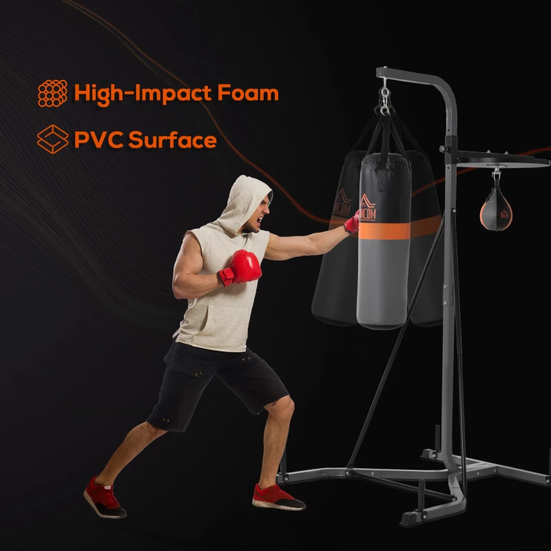 HOMCOM Saco de Boxeo Colgante con Bola de Velocidad Ajustable en Altura de 167-187 cm  e Inflador 115x157x221 cm Negro y Gris