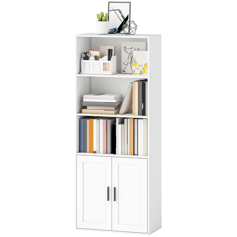 HOMCOM Bibliotecă cu rafturi deschise și dulap cu 2 uși, cu poliță internă reglabilă, 60x30x145.5 cm, alb